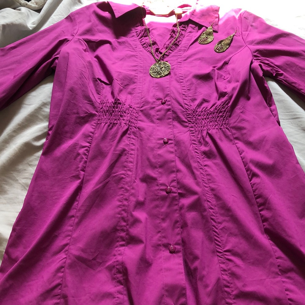 Boho Purple Long Tunic Ruffle neck Shirt Cotton Blend‎ Button Down Sz L Pockets